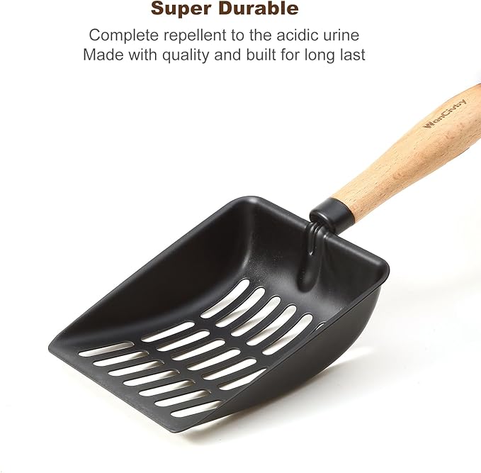 Premium Cat Litter Scoop with Ergonomic Beech Wood Handle - Stainless Steel Sifter with Hook & Hole for Easy Cleaning, Durable & Odor-Free (Teflon Long)