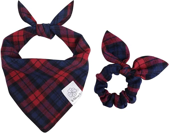 E-Clover Christmas Red Dog Bandanas & Matching Scrunchie Set Plaid Dog Scarf Bibs for Medium Large Dogs Girl Boy Pet Owner Gift Blue