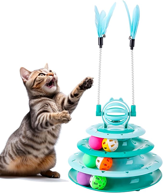 Kitten Toys, Interactive Cat Puzzle Toys for Indoor Cats, Cat Tower with 2 Kitty Teasers and Ball Track (Green)