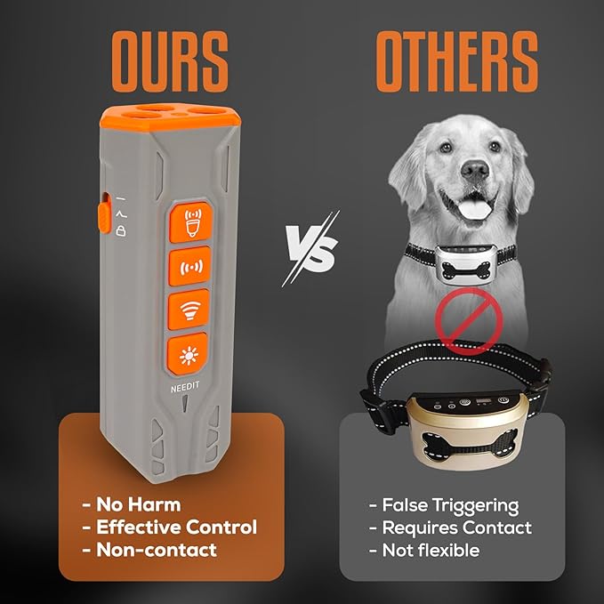 Dog Bark Deterrent Device to Stop Own or Neighbor’s Dog Barking, Biting & Fighting with Long Range – Rechargeable Ultrasonic Portable Anti Barking Device with 3X Sonic Emitters & Light (Gray)