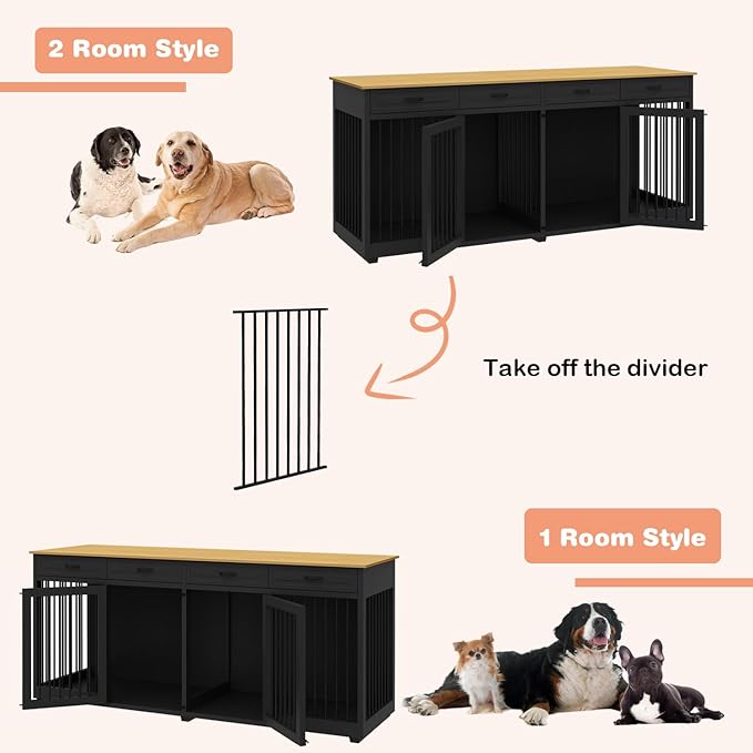 Extra Large Dog Crate, 86.6" Heavy Duty Wooden Dog Cage Furniture Dog Crate Kennel with Drawers & Removable Divider,Indoor Luxury Dog House with Double Rooms for XL L Breed Dogs, Black