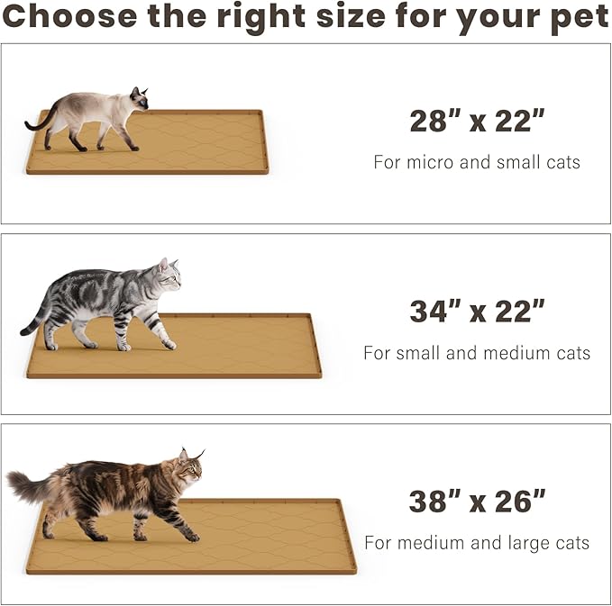 Cat Mat for Litter Box, 34" X 22" Large Silicone Cat Litter Trapping Mat, Easy Clean for Scatter Control, Soft on Kitty Paws, Waterproof, Urine-Proof, Non-Slip Kitty Litter Mat for Floor, Brown