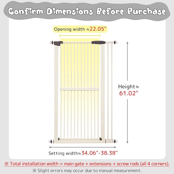 Lumizone Extra Tall Cat Gate 61.02" High Pressure Mounted Extra Wide 34.06"-38.38" (17Sizes) 1.37" Gap No Drilling Auto-Close Tall Pet Gate for Dogs (Cream, 34.06"-38.38"/76.5-97cm)