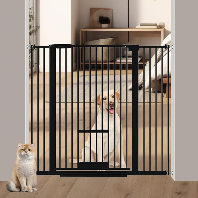 40.55" Tall 1.37" Ultra Narrow Spacing Dogs Pets Baby Gate with Door for Doorway Cat Safety Proof Indoor 30.12-45.87" Extra Wide Puppy Pressure Mounted No Drill White Black Metal Hallway