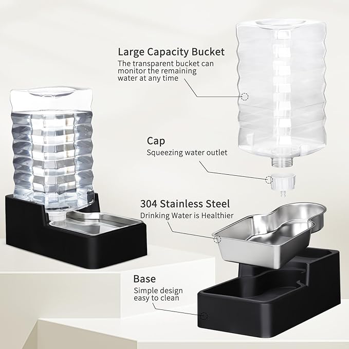 RIZZARI Stainless Steel Pet Water Feeder: 9.5L Black Automatic Leak-Proof Gravity Dispenser - Without Filter - for Senior 40-60 LB Dogs with Joint Spine Issues -Garage Living Room