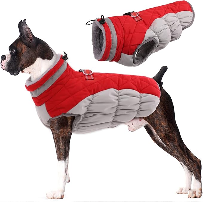 Lelepet Dog Coat Warm Dog Winter Coat Waterproof Dogs Jacket with Harness Built in Reflective Pet Fleece Vest Zip-Up Cold Weather Coats for Medium Dogs Turtleneck & Windproof Coats Dachshund Red M