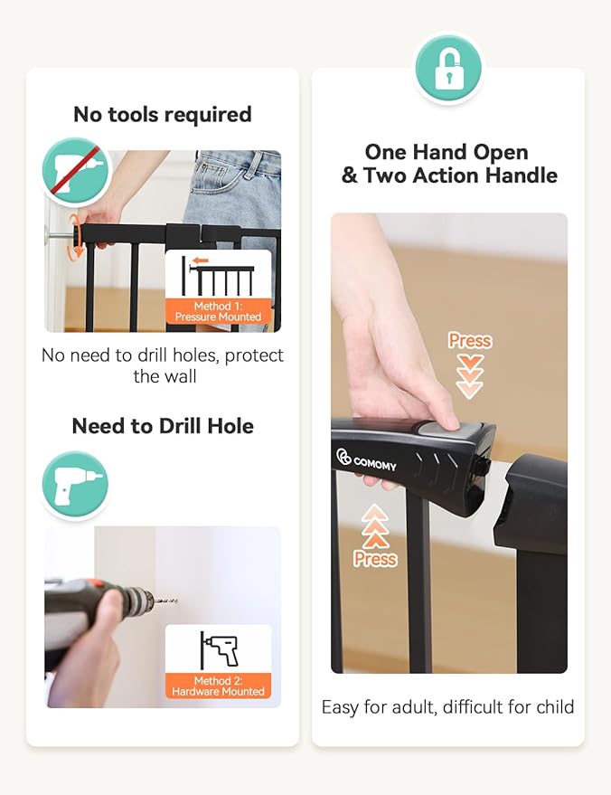 COMOMY 30" Tall Baby Gate for Stairs Doorways, Fits Openings 29.5" to 43.3" Wide, Auto Close Extra Wide Dog Gate for House, Pressure Mounted Easy Walk Through Pet Gate with Door, Black