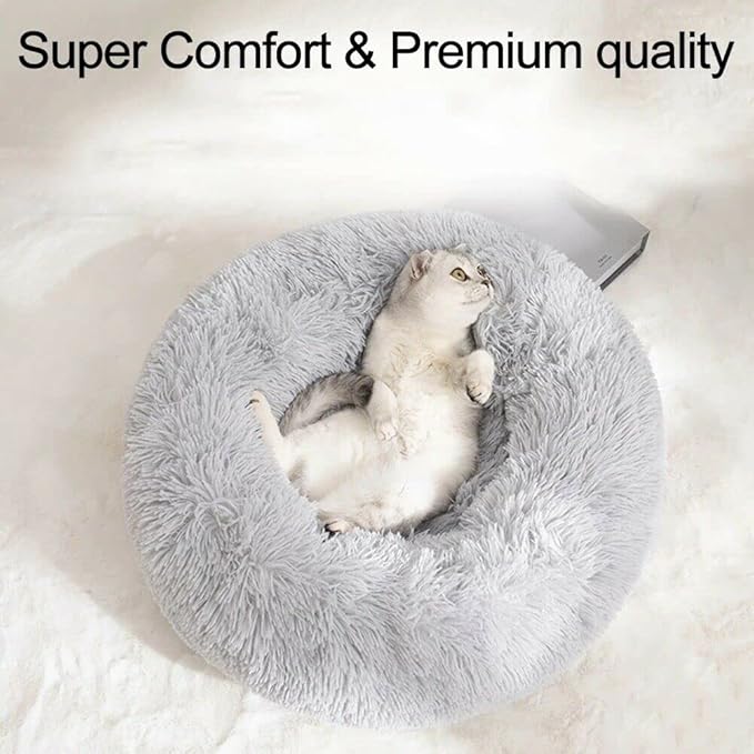 Large Cat Beds for Indoor Cats - Dog Bed Washable 24 inches for Small Medium Dogs, Anti Anxiety Round Fluffy Plush Faux Fur Cat Bed, (Large 24" L x 24" W)