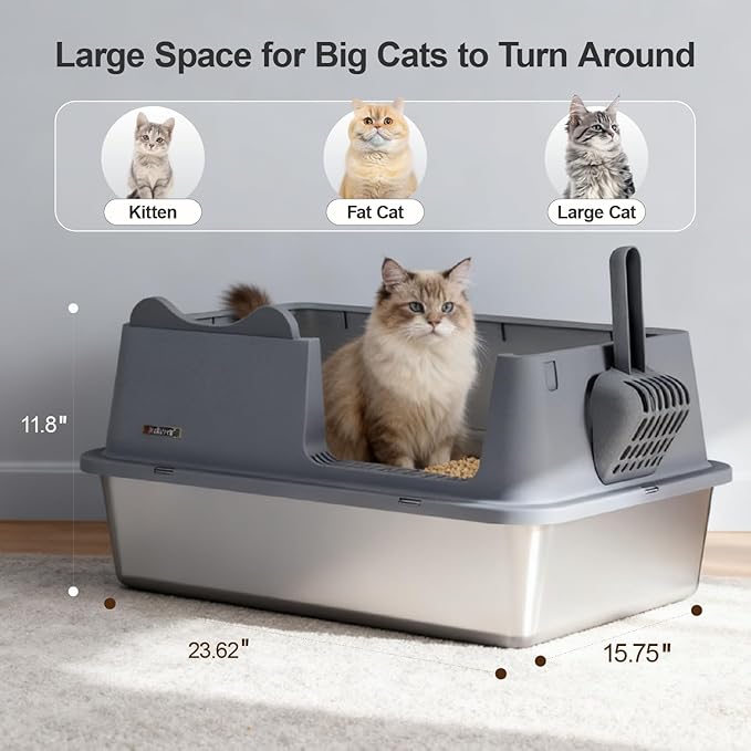 Stainless Steel Cat Litter Box, Open Top High-Sided Metal Litter Box with Scoop, Extra Large Litter Boxes for Kitty Kitten and Big Cats, Anti-Urine Leakage, Non-Sticky, Easy to Clean (Grey)