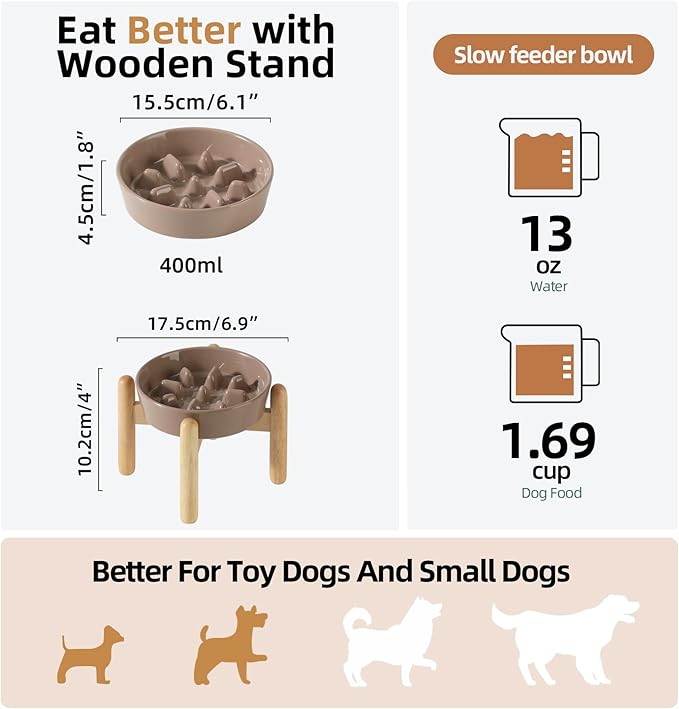 6.1inch Ceramic Dog Raised Slow Feeder Set, Elevated Bowl with Wooden Stand for Small Dog, Pet Slow Feeder Dish for Fast Easters, Anti-Gulping (Brown Coffee, Single Bowl+ Stand)