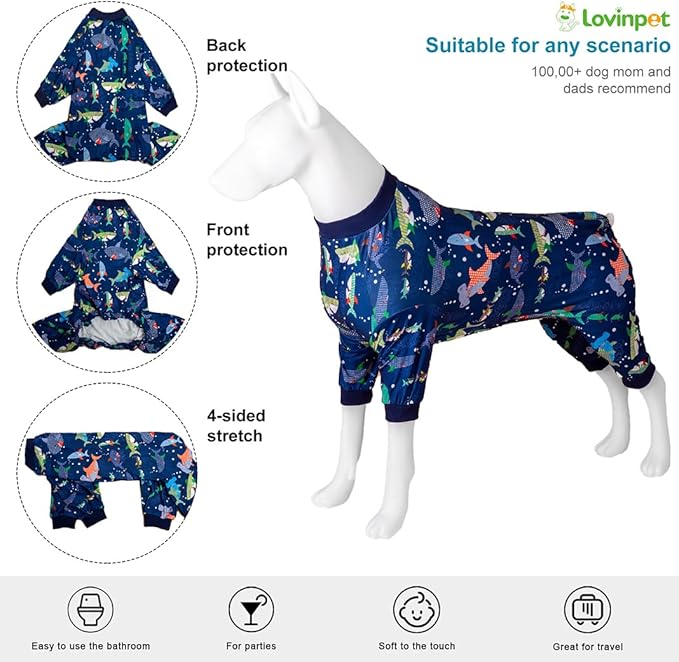 LovinPet Dog Sweatshirt, PjS for Surgery Recovery, Ocean Blue Shark Print, Large Dog Pjs, Lightweight Uv Protection Shirt,Easy to Wear Dog Jumpsuit, Medium,3XL