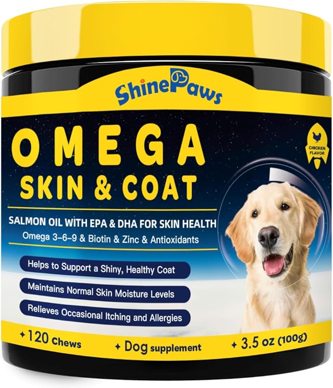 Omega 3 for Dogs, Salmon Fish Oil for Dogs Skin and Coat Chew with Omega 3 6 9 (EPA+DHA), ZINC, BIOTIN and Vitamin E & C for Dog Hot Spot Treatment, Itchy Skin Relief, 120ct Chicken Flavored