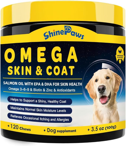 Omega 3 for Dogs, Salmon Fish Oil for Dogs Skin and Coat Chew with Omega 3 6 9 (EPA+DHA), ZINC, BIOTIN and Vitamin E & C for Dog Hot Spot Treatment, Itchy Skin Relief, 120ct Chicken Flavored