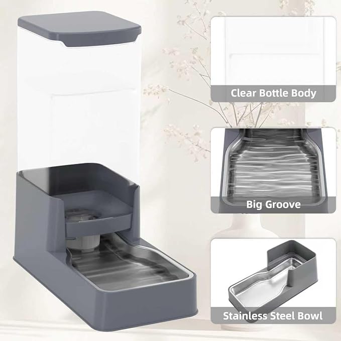 Stainless Steel Cat Feeder and Water Dispenser,Gravity Waterer & Food Feeder Set with Stainless Steel,Large Capacity Pet Food Bowl for Small Medium Dog Pets Puppy Kitten(Grey,1 Gallon)