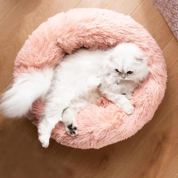 Cat Beds for Indoor Cats - Cat Bed Washable 20/24 inches, Dog Beds for Small Medium Dogs, Anti Anxiety Round Fluffy Plush Faux Fur Pet Bed, Thick Bottom (Pink, Medium)