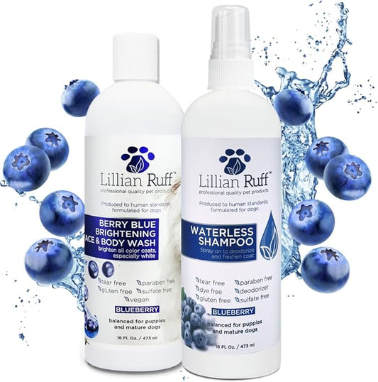 Lillian Ruff PRO Formula Berry Blue Brightening Dog Shampoo + Blueberry Waterless Dog Shampoo - Professional Whitening, Tear Stain Remover & No-Rinse Hydrating Odor Control, Aloe+Coconut Oil, USA Made