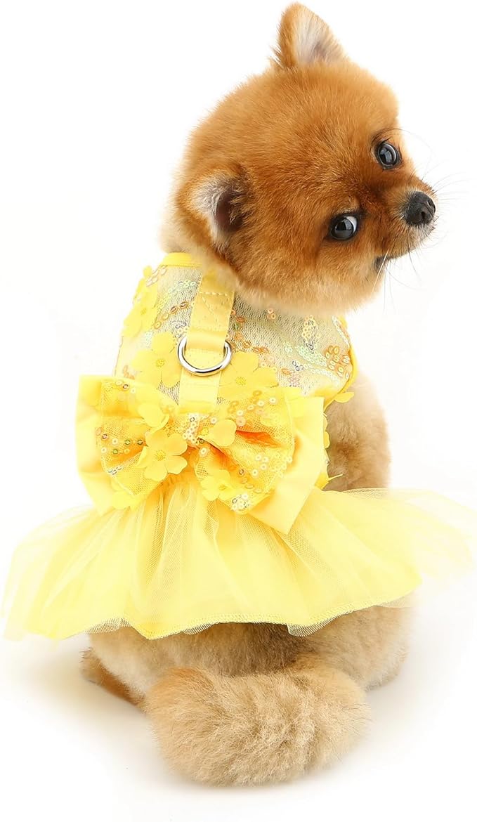 Dog Dress,Luxury Bow Princess Tutu Dresses for Girl Dogs Cute Fashion Mesh Pet Skirt with Sequins Flower Cat Puppy Clothes Wedding Party Outfits Chihuahua Apparel Button up D-Ring,Yellow,XL