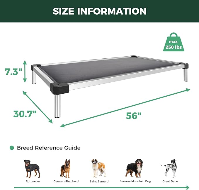 FXW TitanNest Chew-Proof Elevated Dog Bed, Raised Cot for Indoor/Outdoor/Camping Use, Durable & Washable Padded Pet Bed for Extra-Large Dogs, 56.0" L x 31.0" W x 7.3" H, Gray