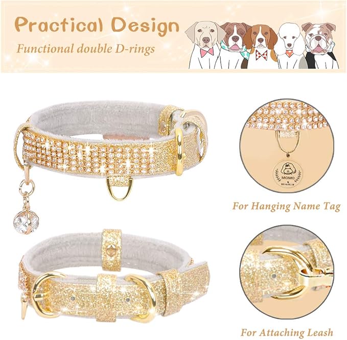 PetsHome Cat Collar, Dog Collar, [Bling Rhinestones] Premium PU Leather with Pendant Adjustable Collars for Small to Medium Dog Medium Gold