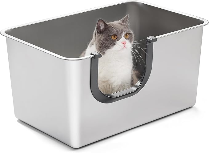 Yangbaga Extra Large Stainless Steel Litter Box, Leak Proof 12 Inches High Sides for Urine & Litter Trapping, Easy Entry for Kittens, Older Cats,Non-Stick,Non-Slip,No Sharp Edges