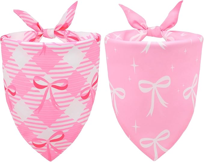 Pink Bow Dog Bandanas 2PCS-XLarge,Pink Christmas Scarf for Girls,Cute Coquette Bowknot Dog Kerchief Gifts,Triangle Pet Outfits for Extra Large Dogs