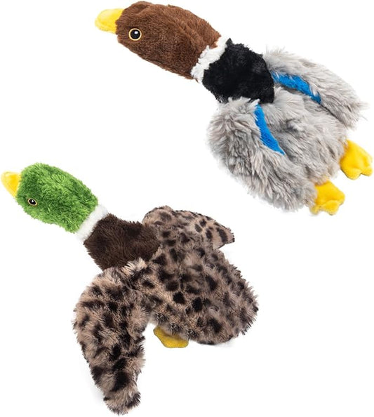 Stuffing-Free Squeaky Duck Dog Toys 2-Pack: Hollow-Body Gray Plush (2 Squeakers) & Mallard (4 Squeakers) | Safe Chew Design for Aggressive Dogs