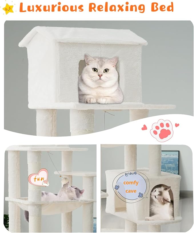 64 Inches Multi-Level Large Cat Tree Tower with Cat House for Indoor Cats/Cozy Perches/Cat Condo/Sisal Scratching Posts/Hammock/Cat Activity Center Play House/Wide Base