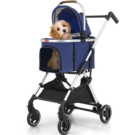 Pet Stroller with 4 Wheels for Small/Medium Pets, 3 in 1 Travel Foldable Detachable Carrier for Dog Cat Cage Jogger Stroller, Rear Wheel Breaks, Storage Basket, Car Seat (Navy Blue)