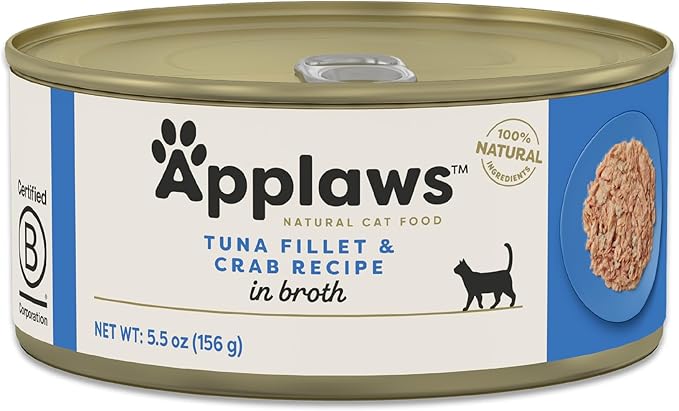 Applaws Natural Wet Canned Cat Food, Limited and Natural Ingredients, High Protein with No Artificial Additives, Tuna Fillet & Crab in Broth (24 x 5.5oz Cans)