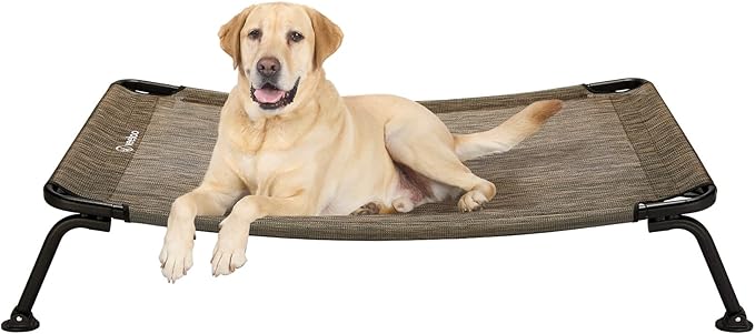 Veehoo Outdoor Elevated Dog Bed, Cooling Raised Dog Cots Beds for Large Dogs, Portable Waterproof Curved Dogs Hammock Bed for Outside, up to 120lbs, Black Legs, Brown 42"