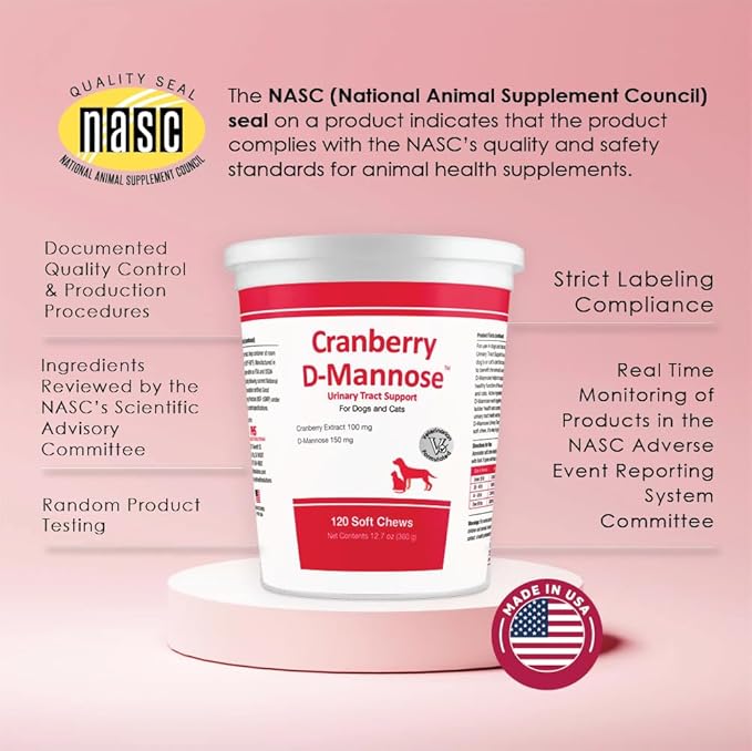Cranberry D-Mannose Urinary Tract Support Supplement for Cats and Dogs - Cranberry Extract, D-Mannose, Vitamin C - Bladder and UTI Treatment - Made in USA - 120 Soft Chews