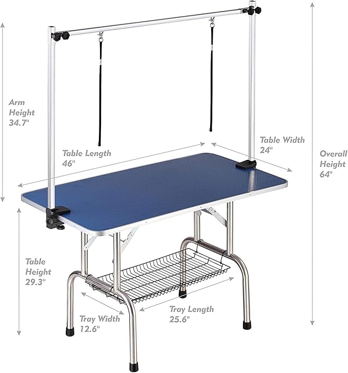 46 Inch Dog Grooming Table, Adjustable Height Pet Grooming Table with Armrest, Ropes and Mesh Tray, Suitable for Home and Dog Washing Station