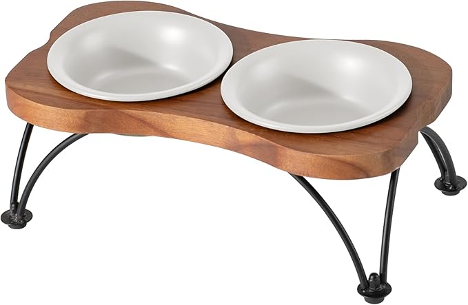 Ceramic 5.5-inch Raised Double-Bowl Set with Non-Slip Stand, Food & Water Dishes for Puppies and Cats, Wide Opening with Rounded Edges(Matt White)