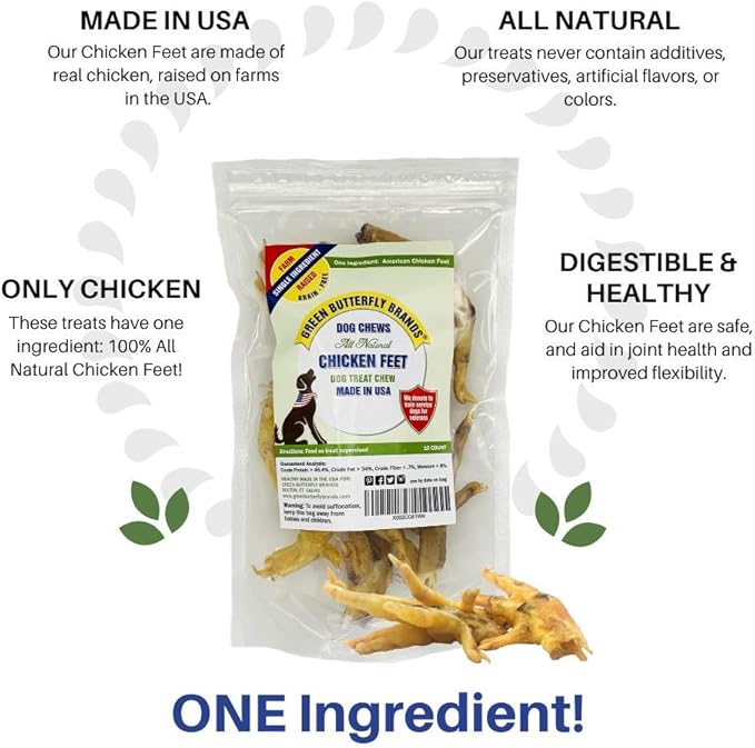 Green Butterfly Chicken Feet Dog Treats - 100% All Natural Single Ingredient Dental Chews for Dogs Made in USA from Farm Raised American Chickens - Rich in Glucosamine for Joint Health (10 Pack)
