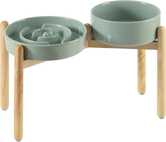 Ceramic Raised Slow Feeder Dog Bowl Set, Elevated 8.2inch Bowl and 9.5inch Puzzle Slow Food Dish with Wooden Stand for Large Dog, Anti-Gulping (2X Light Green+ Stand)