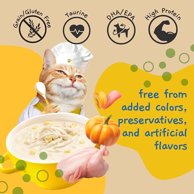 MOOCHIE Grain Free Creamy Broth for Cats - Made with Real Chicken & Pumpkin - No Artificial Flavors or Preservatives - 16 x 1.4 oz Pouch