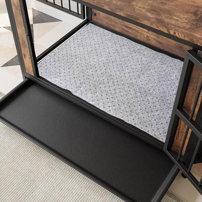 Dog Crate - Metal & Wooden Kenel with 3 Doors for Indoor, Medium/Large Dogs - Heavy Duty, Rustic Black & Brown