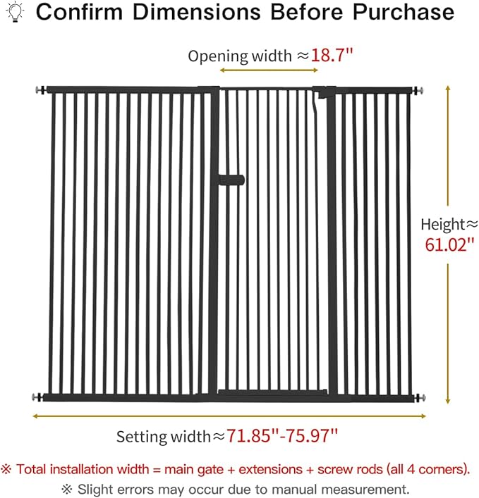 Lumizone Extra Tall Cat Gate 61.02" High Pressure Mounted Extra Wide 2025 New (17 Sizes) 1.37" Gap No Drilling Auto-Close One-Handed Operation Tall Pet Gate for Dogs(Black,71.85"-75.97"/182.5-192.5CM)