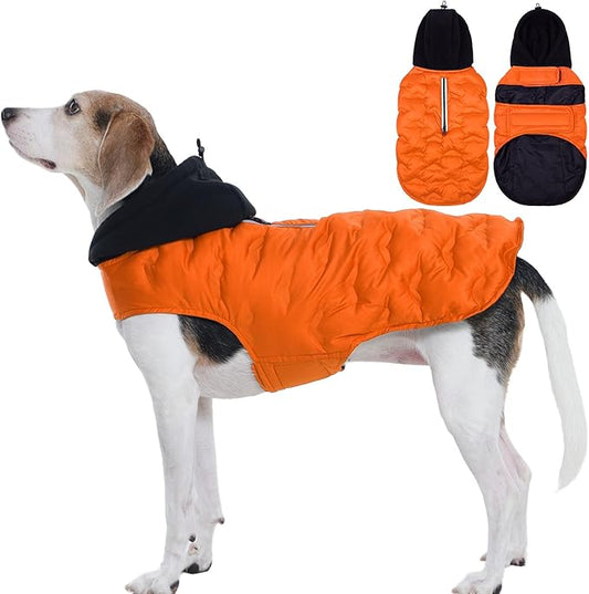 Nanaki Lightweight Dog Down Jacket With Leash Hole-Large Winter Dog Coat Reflective Stripes, Warm Snow Coat With Hood, Windproof Snowsuit For Cold Weather, Puffer Jacket For Outdoor Activities, Orange