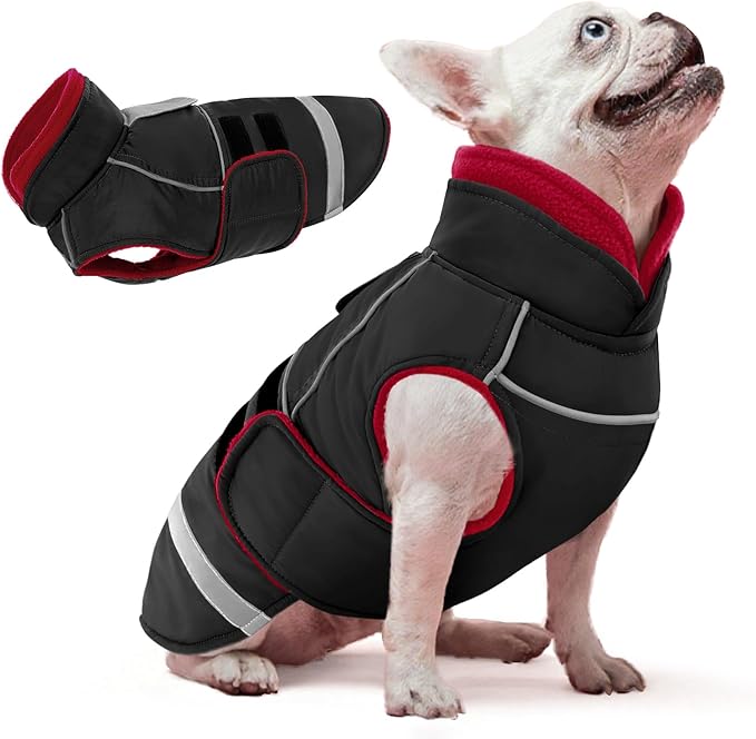 KOESON Dog Coat, Fleece Lined Dog Winter Jacket, Warm Cold Weather Coat for Medium Dogs with Hook & Loop Closure, Waterproof Pet Fleece Vest Snow Jacket for French Bulldog, Corgi, Beagle, Black M