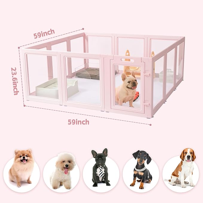 DIY Clear Acrylic Dog Playpen House,Quick Easy Assembly and Disassembly,Strong Floor Suction,Indoor and Outdoor Use,Easy Cleansing Puppy Fence (Skin Pink, 23.6" H, 12PCS)