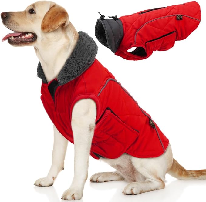 EMUST Winter Dog Coat for Medium Boys - Thick Clothes with Harness Hole for Cold Weather, Red, M