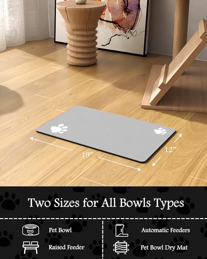 Pet Feeding Mat-Absorbent Dog Mat for Food and Water Bowl-No Stains Quick Dry Water Dispenser Mat-Dog Accessories Pet Supplies-Bowl for Messy Drinkers（LIGHTGREY,12"x19"