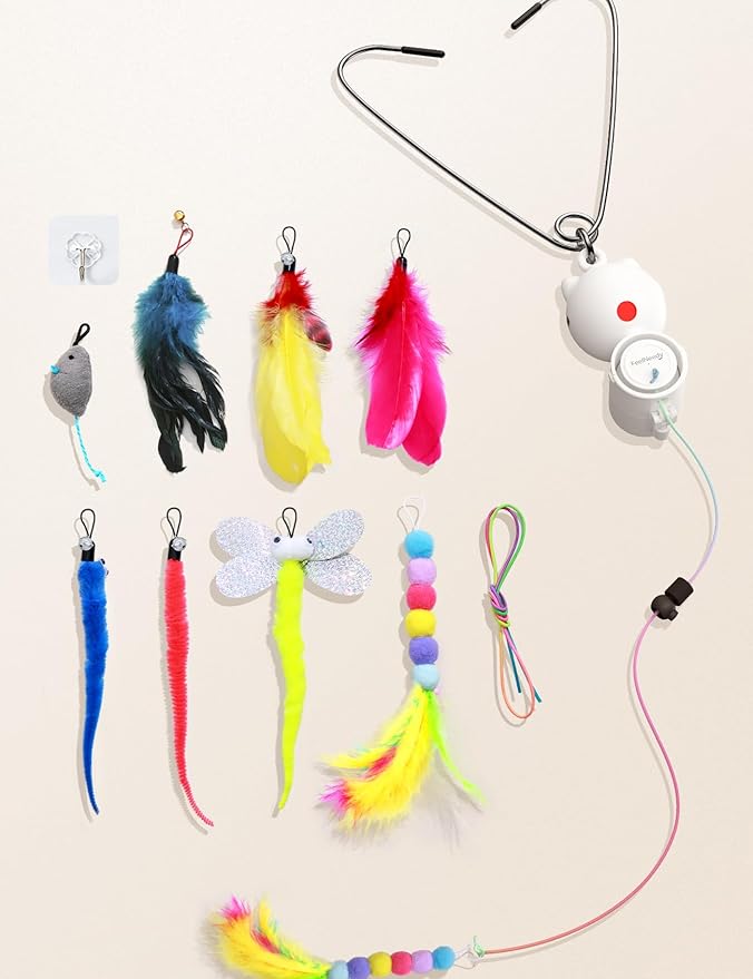 Laser Interactive Cat Toys, LED Light, 8 PCS Replacement Teaser with Bell Refills, Feather & Mouse Cats Toy, Hanging Cat Toys for Indoor Cats, for Bored Adult Kitten Exercise, Silver