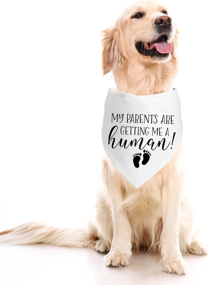 My Parents are Getting me a Human, Pregnancy Announcement Dog Bandana, Gender Reveal Photo Prop Pet Scarf Accessories,Pet Accessories for Dog Lovers (White)