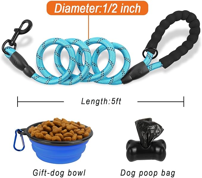 BARKBAY Dog Leashes for Large Dogs Heavy Duty Dog Leash 4/5/6 FT with Comfortable Padded Handle and Highly Reflective Threads for Medium Large Dogs Walking Training Running (5FT-1/2'',Blue)