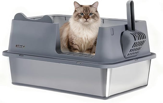 Stainless Steel Cat Litter Box, Open Top High-Sided Metal Litter Box with Scoop, Extra Large Litter Boxes for Kitty Kitten and Big Cats, Anti-Urine Leakage, Non-Sticky, Easy to Clean (Grey)