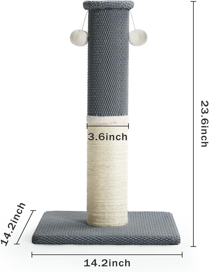 Made4Pets Tall Cat Scratching Post, Heavy Duty and Thicker Scratching Posts for Indoor Cats Adults, 23.6" Natural Sisal Cat Scratcher with Hanging Balls, Sturdy Base Cat Scratch Post, Light Grey