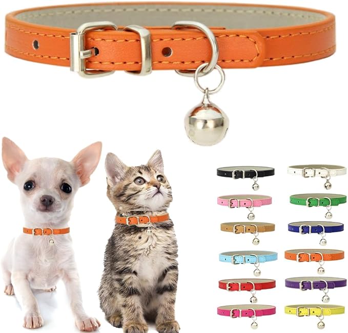 Orange XXS Kitten Collar with Bell, Soft Pu Leather Dog Collars Adjustable Buckle for XS Extra Small Medium Tiny Female Male Boys Girls Pets Cats Puppy Teacup Yorkie XX-Small