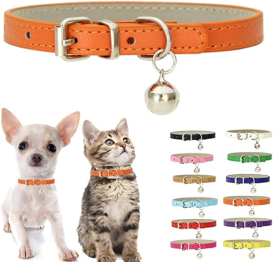 Orange Puppy Collar with Bell, Soft Pu Leather Cat Collars Adjustable Buckle for XXS XS Extra Small Medium Tiny Female Male Boys Girls Pets Dogs Kitten Teacup Yorkie S